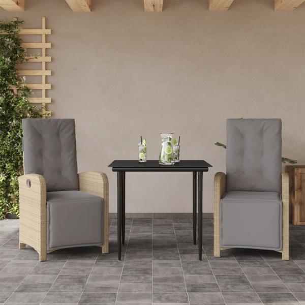 ARDEBO.de - 3-tlg. Bistro-Set mit Kissen Beige Poly Rattan