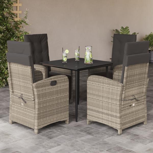 ARDEBO.de - 5-tlg. Garten-Essgruppe mit Kissen Hellgrau Poly Rattan