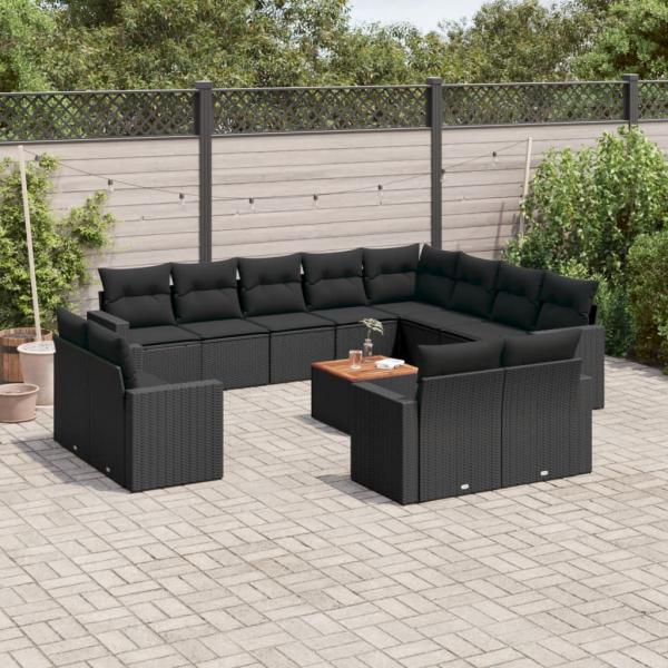 ARDEBO.de - 13-tlg. Garten-Sofagarnitur mit Kissen Schwarz Poly Rattan