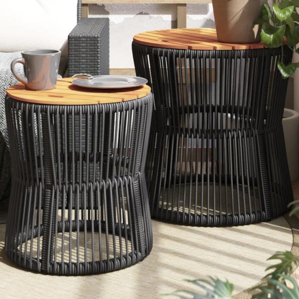 ARDEBO.de - Garten-Beistelltische 2 Stk. mit Holzplatte Schwarz Poly Rattan