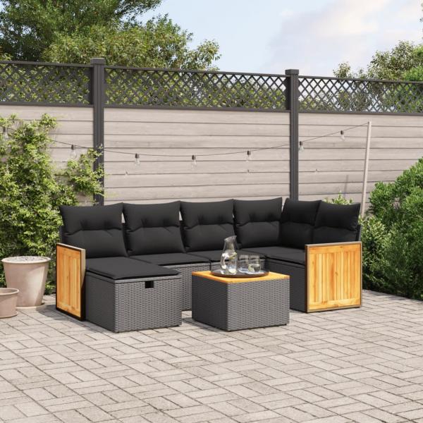 ARDEBO.de - 7-tlg. Garten-Sofagarnitur mit Kissen Schwarz Poly Rattan
