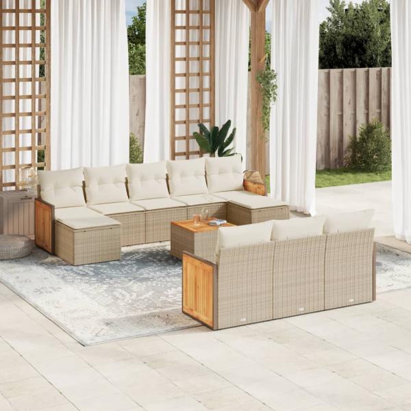 ARDEBO.de - 11-tlg. Garten-Sofagarnitur mit Kissen Beige Poly Rattan
