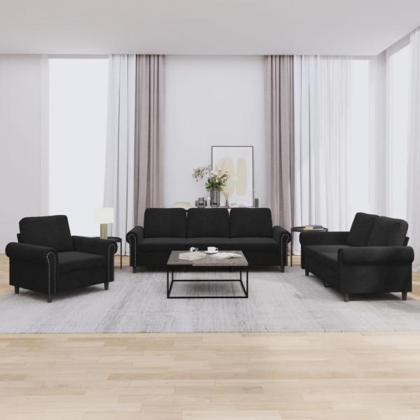 ARDEBO.de - 3-tlg. Sofagarnitur mit Kissen Schwarz Samt