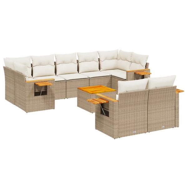 10-tlg. Garten-Sofagarnitur mit Kissen Beige Poly Rattan