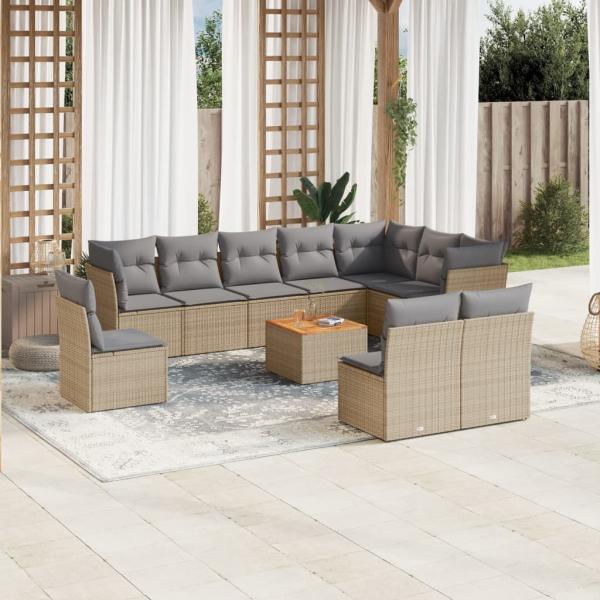 ARDEBO.de - 11-tlg. Garten-Sofagarnitur mit Kissen Beige Poly Rattan