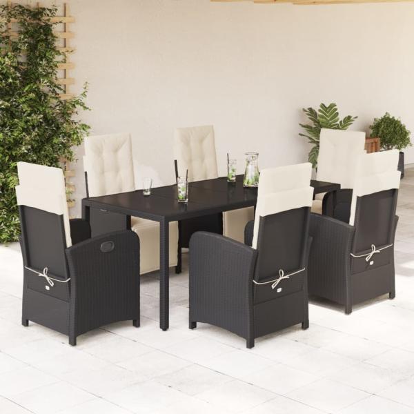 ARDEBO.de - 7-tlg. Garten-Essgruppe mit Kissen Schwarz Poly Rattan