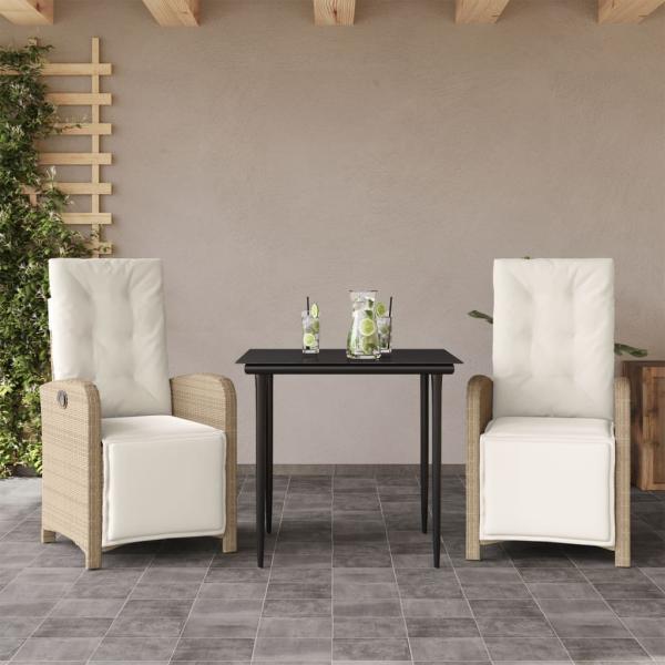 ARDEBO.de - 3-tlg. Bistro-Set mit Kissen Beige Poly Rattan