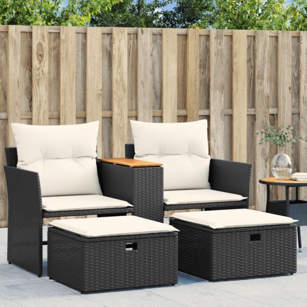 ARDEBO.de - Gartensofa 2-Sitzer mit Hockern Schwarz Poly Rattan