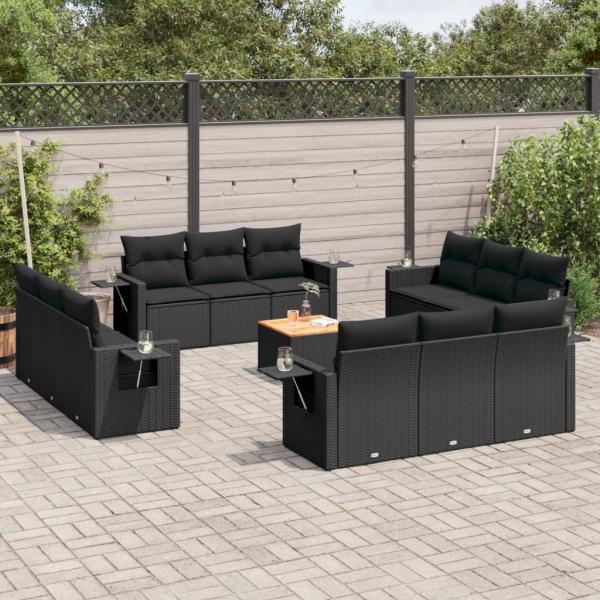ARDEBO.de - 13-tlg. Garten-Sofagarnitur mit Kissen Schwarz Poly Rattan