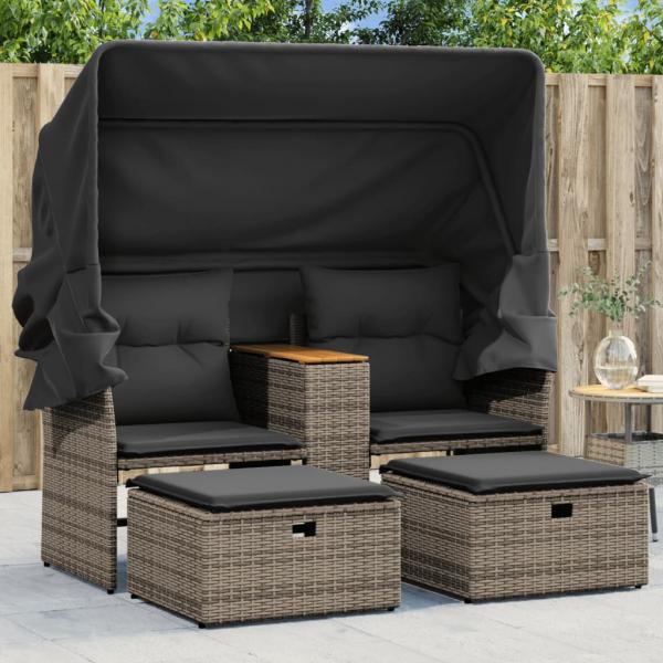 ARDEBO.de - Gartensofa 2-Sitzer mit Dach und Hockern Grau Poly Rattan