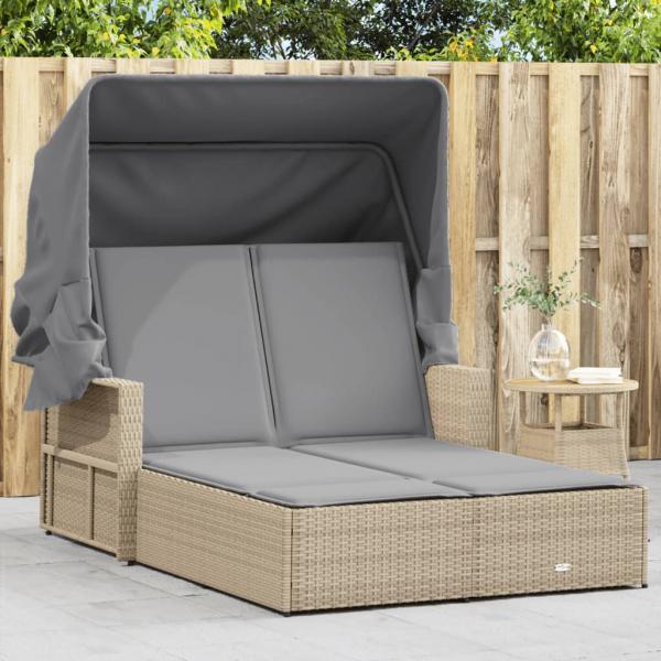 ARDEBO.de - Doppel-Sonnenliege mit Dach und Auflagen Beige Poly Rattan