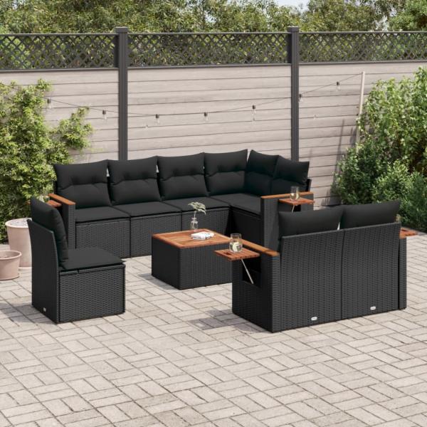 ARDEBO.de - 9-tlg. Garten-Sofagarnitur mit Kissen Schwarz Poly Rattan