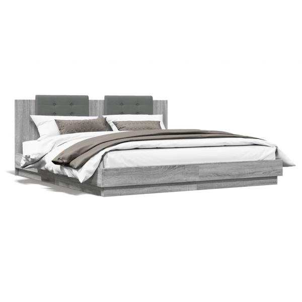 ARDEBO.de - Bettgestell mit Kopfteil und LED-Leuchten Grau Sonoma 200x200cm