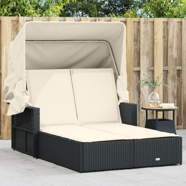 ARDEBO.de - Doppel-Sonnenliege mit Dach und Auflagen Schwarz Poly Rattan