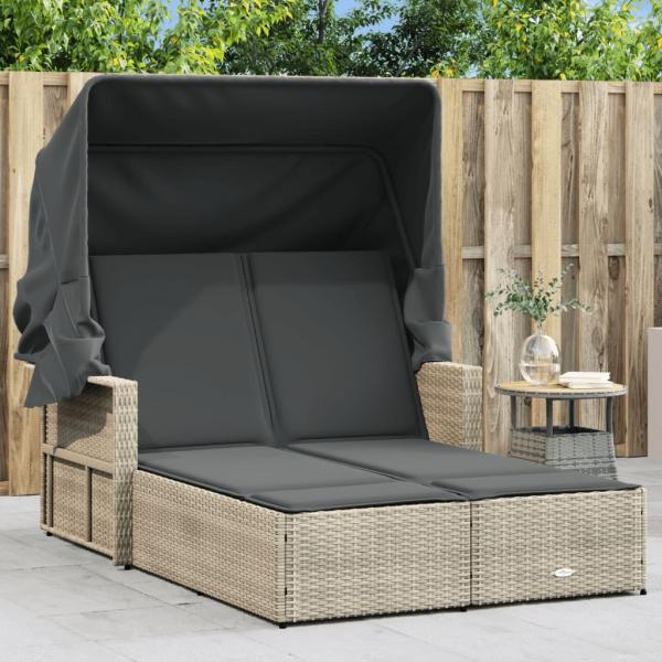 ARDEBO.de - Doppel-Sonnenliege mit Dach und Auflagen Hellgrau Poly Rattan