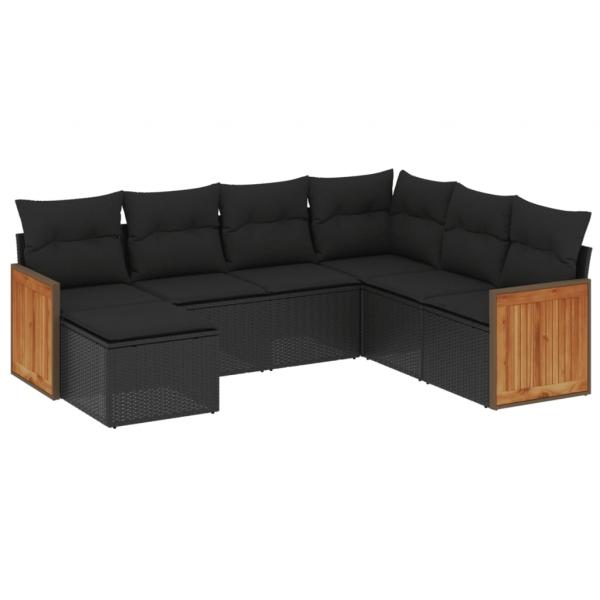 7-tlg. Garten-Sofagarnitur mit Kissen Schwarz Poly Rattan