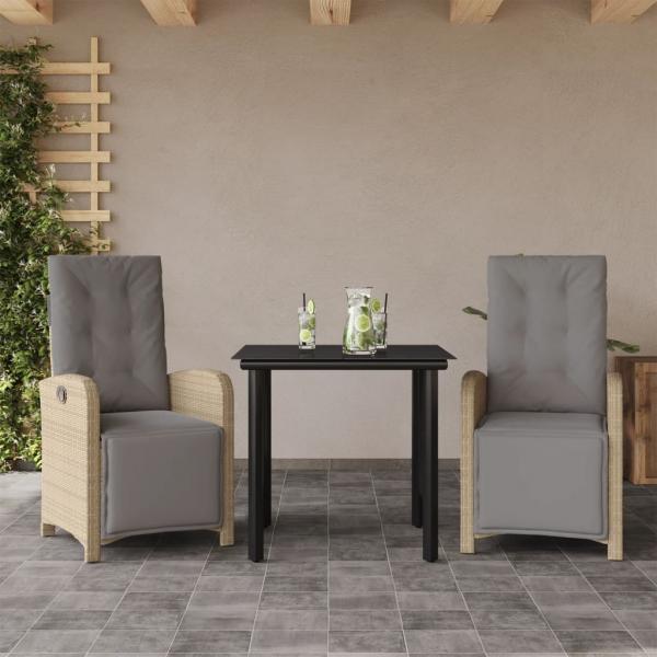 ARDEBO.de - 3-tlg. Bistro-Set mit Kissen Beige Poly Rattan