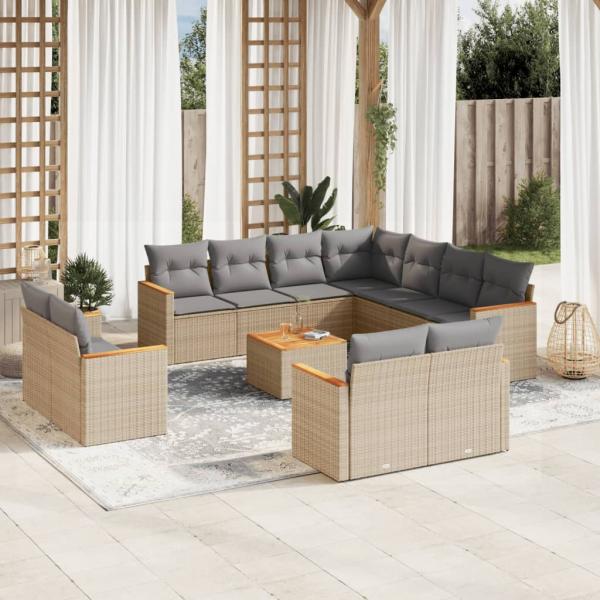ARDEBO.de - 12-tlg. Garten-Sofagarnitur mit Kissen Beige Poly Rattan