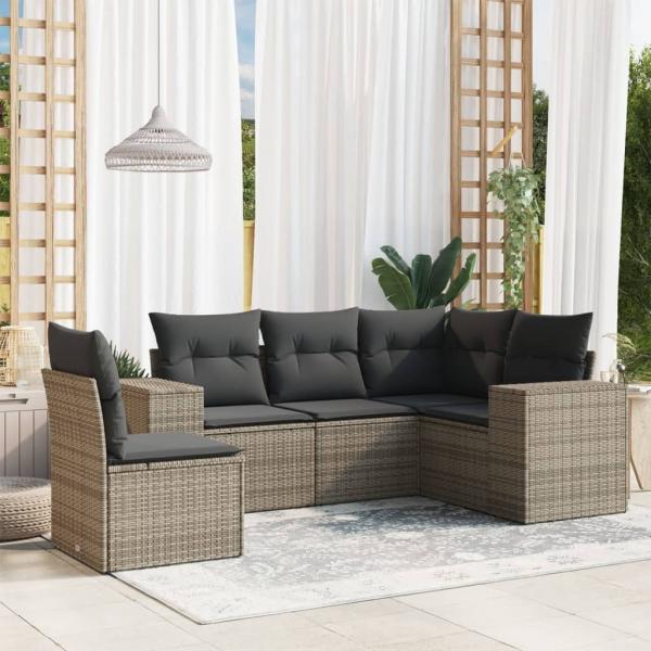 ARDEBO.de - 5-tlg. Garten-Sofagarnitur mit Kissen Grau Poly Rattan