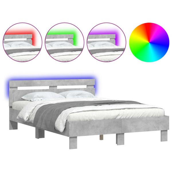 Bettgestell mit Kopfteil LED-Beleuchtung Betongrau 135x190 cm