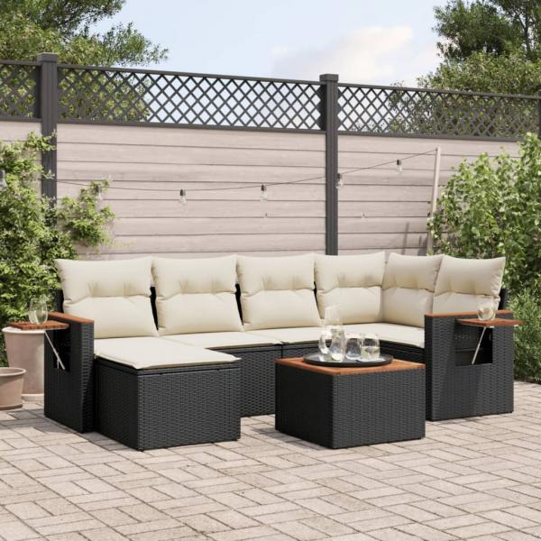 ARDEBO.de - 7-tlg. Garten-Sofagarnitur mit Kissen Schwarz Poly Rattan