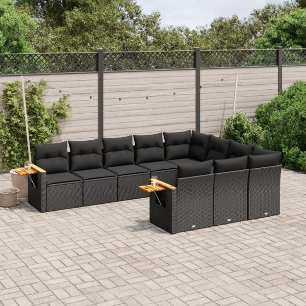 ARDEBO.de - 10-tlg. Garten-Sofagarnitur mit Kissen Schwarz Poly Rattan