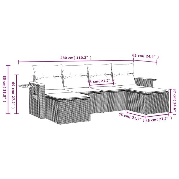 6-tlg. Garten-Sofagarnitur mit Kissen Schwarz Poly Rattan