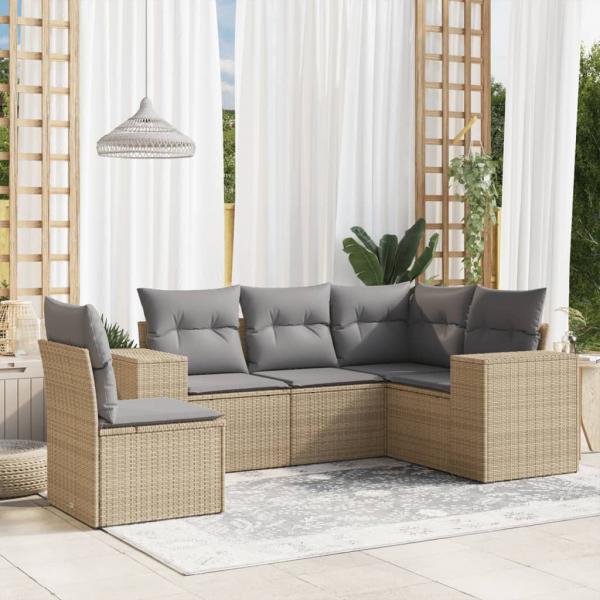 ARDEBO.de - 5-tlg. Garten-Sofagarnitur mit Kissen Beige Poly Rattan