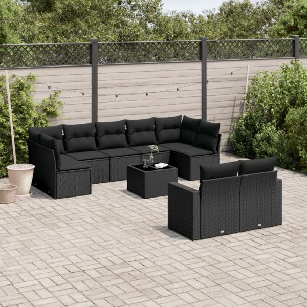 ARDEBO.de - 10-tlg. Garten-Sofagarnitur mit Kissen Schwarz Poly Rattan