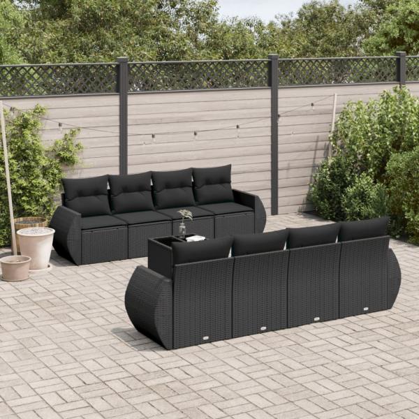 ARDEBO.de - 9-tlg. Garten-Sofagarnitur mit Kissen Schwarz Poly Rattan