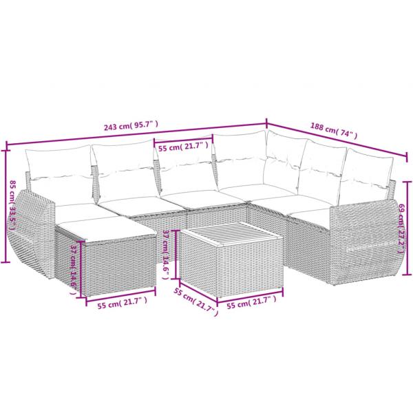 8-tlg. Garten-Sofagarnitur mit Kissen Grau Poly Rattan
