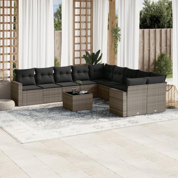ARDEBO.de - 11-tlg. Garten-Sofagarnitur mit Kissen Grau Poly Rattan