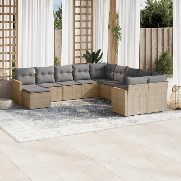 ARDEBO.de - 11-tlg. Garten-Sofagarnitur mit Kissen Beige Poly Rattan