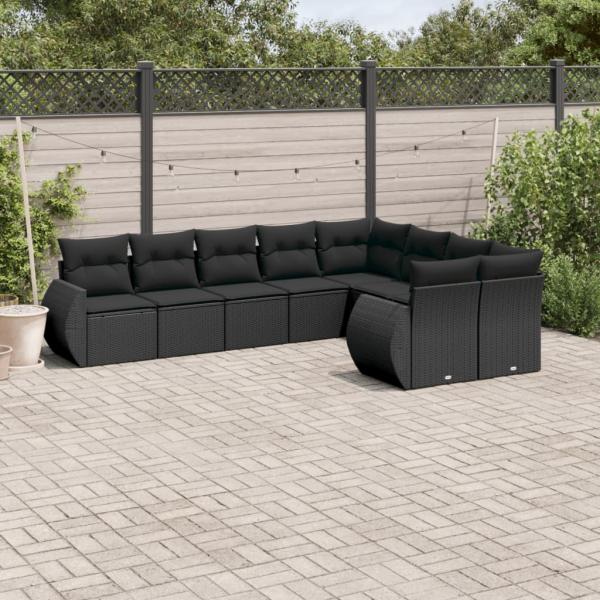 ARDEBO.de - 9-tlg. Garten-Sofagarnitur mit Kissen Schwarz Poly Rattan