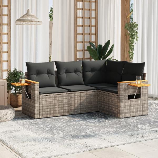 ARDEBO.de - 4-tlg. Garten-Sofagarnitur mit Kissen Grau Poly Rattan