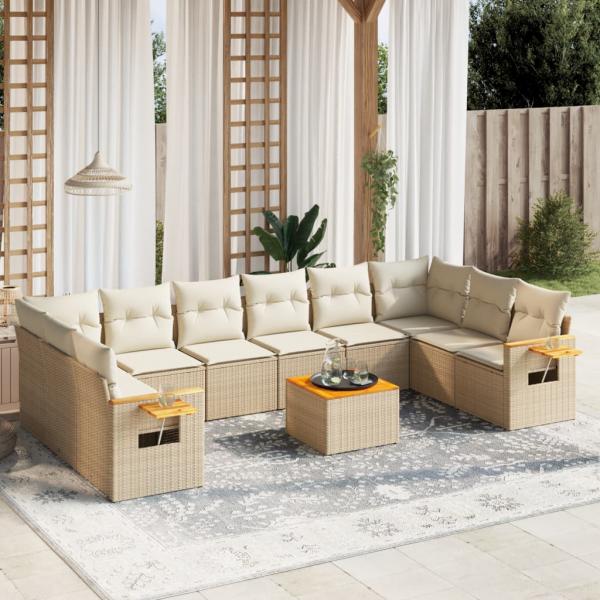ARDEBO.de - 11-tlg. Garten-Sofagarnitur mit Kissen Beige Poly Rattan