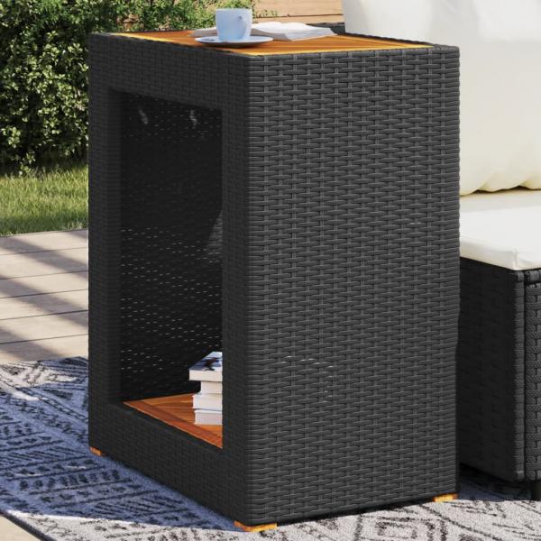 ARDEBO.de - Garten-Beistelltisch mit Holzplatte Schwarz Poly Rattan