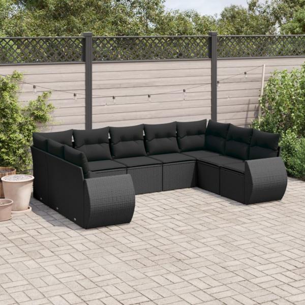 ARDEBO.de - 9-tlg. Garten-Sofagarnitur mit Kissen Schwarz Poly Rattan
