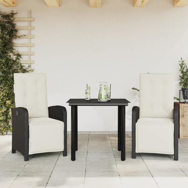 ARDEBO.de - 3-tlg. Bistro-Set mit Kissen Schwarz Poly Rattan
