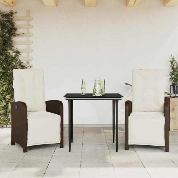 ARDEBO.de - 3-tlg. Bistro-Set mit Kissen Braun Poly Rattan