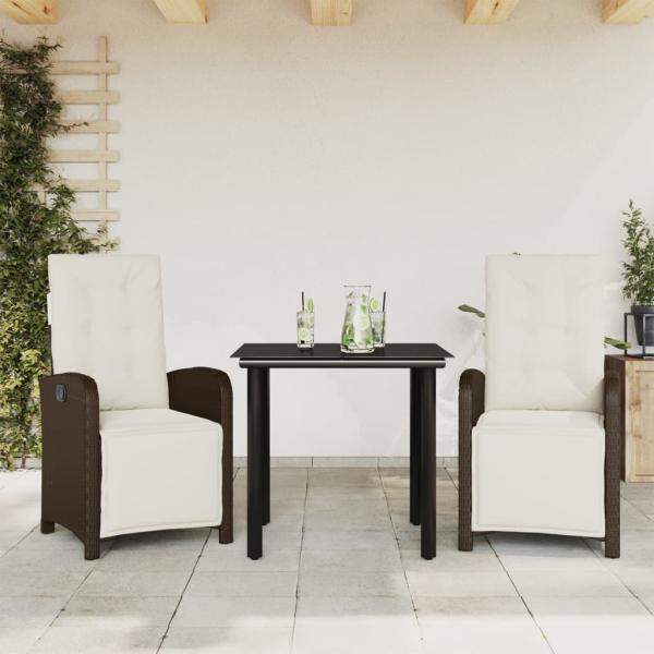 ARDEBO.de - 3-tlg. Bistro-Set mit Kissen Braun Poly Rattan