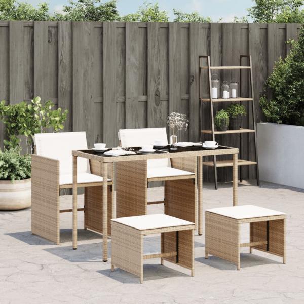 ARDEBO.de - 5-tlg. Garten-Essgruppe mit Kissen Beige Poly Rattan
