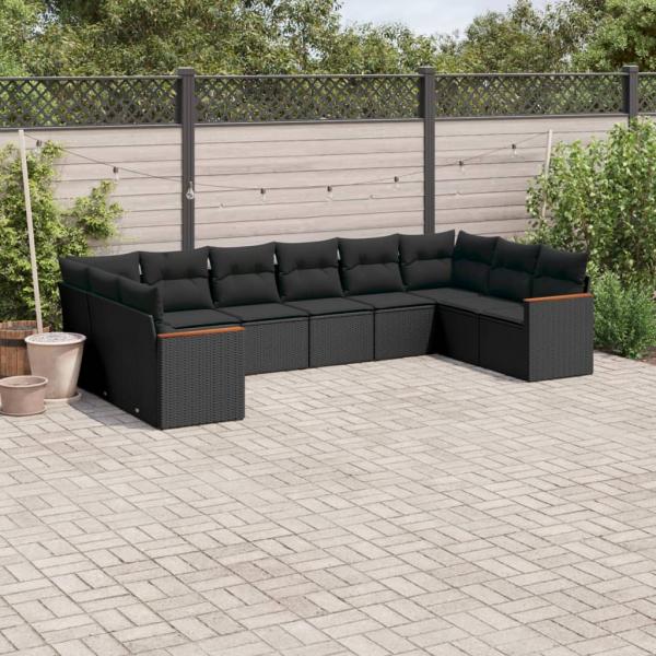 ARDEBO.de - 10-tlg. Garten-Sofagarnitur mit Kissen Schwarz Poly Rattan