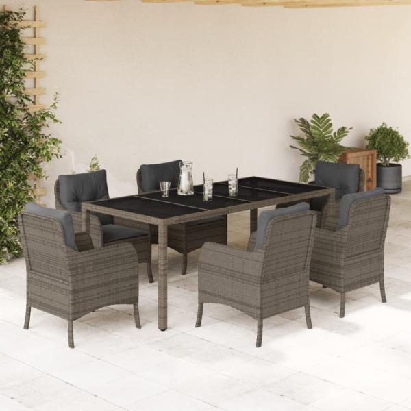 ARDEBO.de - 7-tlg. Garten-Essgruppe mit Kissen Grau Poly Rattan