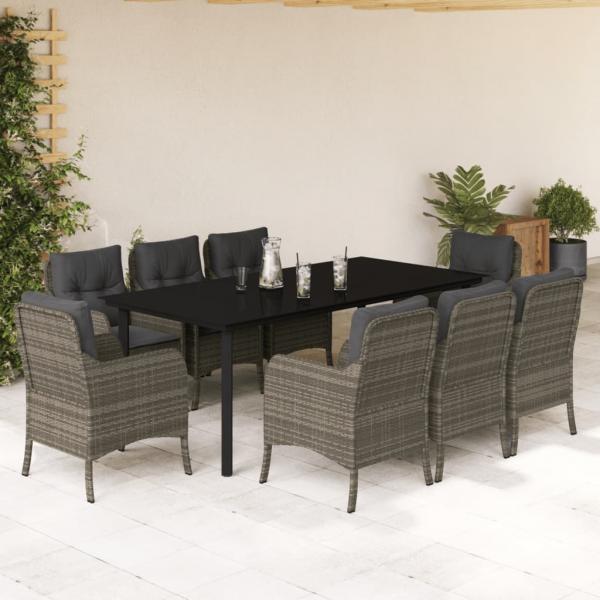 ARDEBO.de - 9-tlg. Garten-Essgruppe mit Kissen Grau Poly Rattan