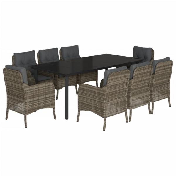 9-tlg. Garten-Essgruppe mit Kissen Grau Poly Rattan