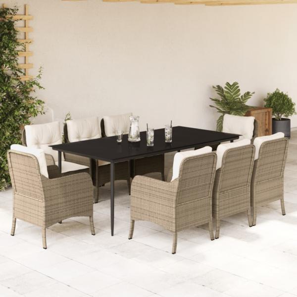ARDEBO.de - 9-tlg. Garten-Essgruppe mit Kissen Beige Poly Rattan