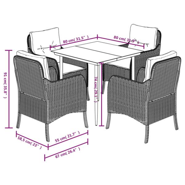 5-tlg. Garten-Essgruppe mit Kissen Braun Poly Rattan