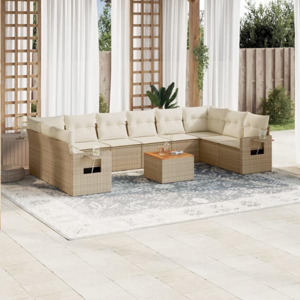 ARDEBO.de - 11-tlg. Garten-Sofagarnitur mit Kissen Beige Poly Rattan