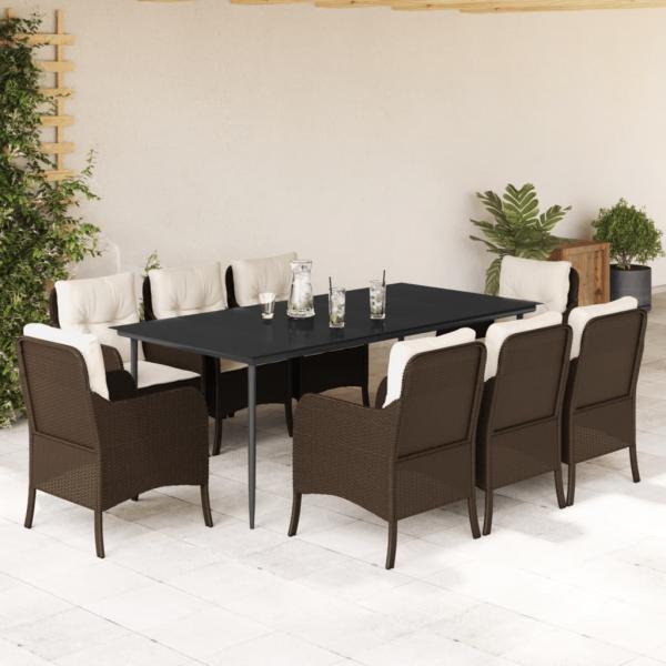 ARDEBO.de - 9-tlg. Garten-Essgruppe mit Kissen Braun Poly Rattan